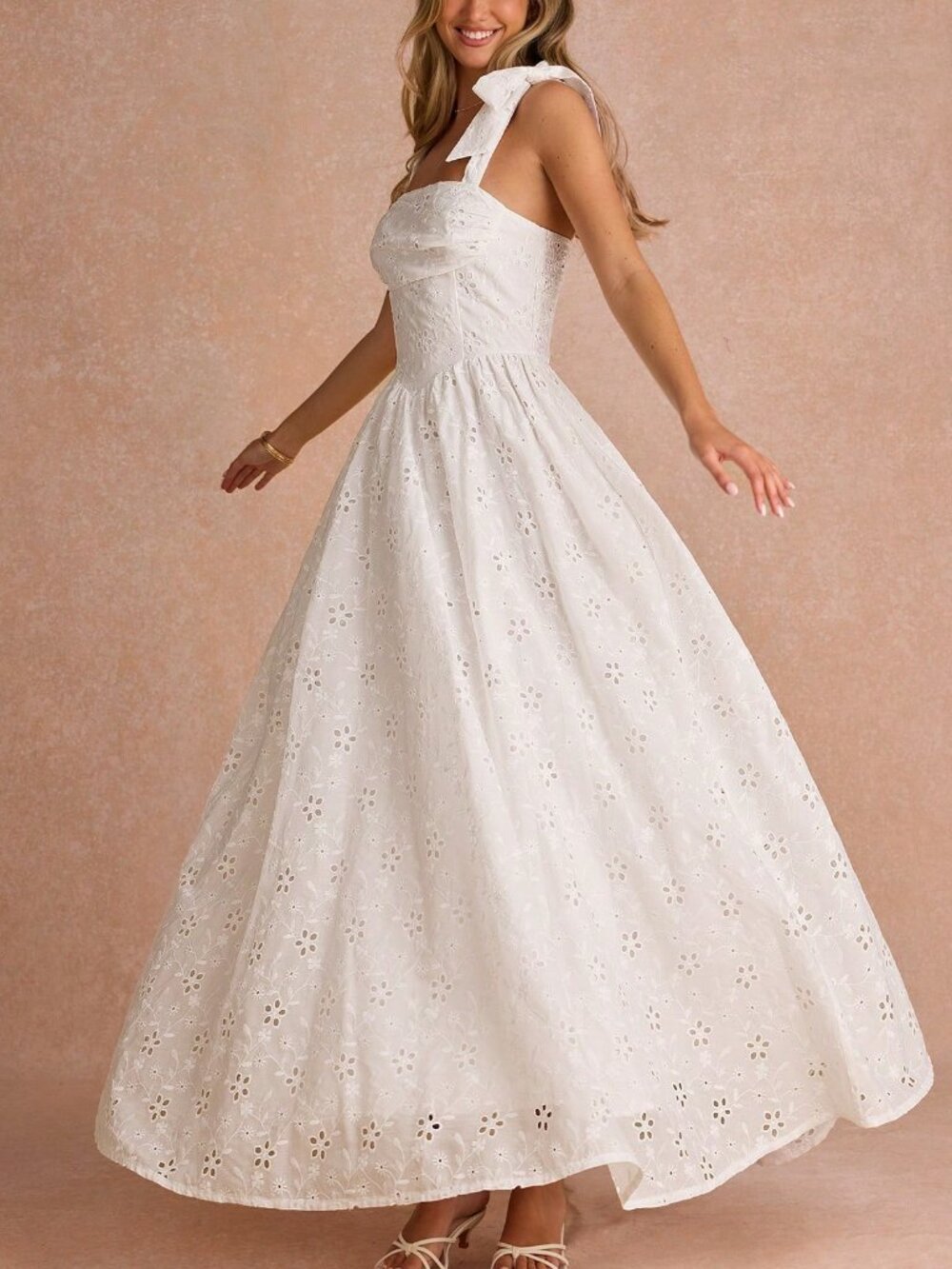 White Elegant Women's Romantic Square Neck Embroidered Maxi Dress - Picture 4 of 6